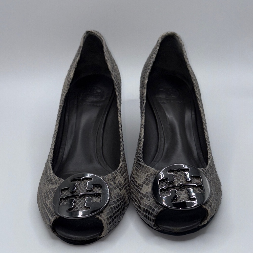 Tory Burch Chic Snakeskin Peep-Toe Heels - Picture 1 of 10